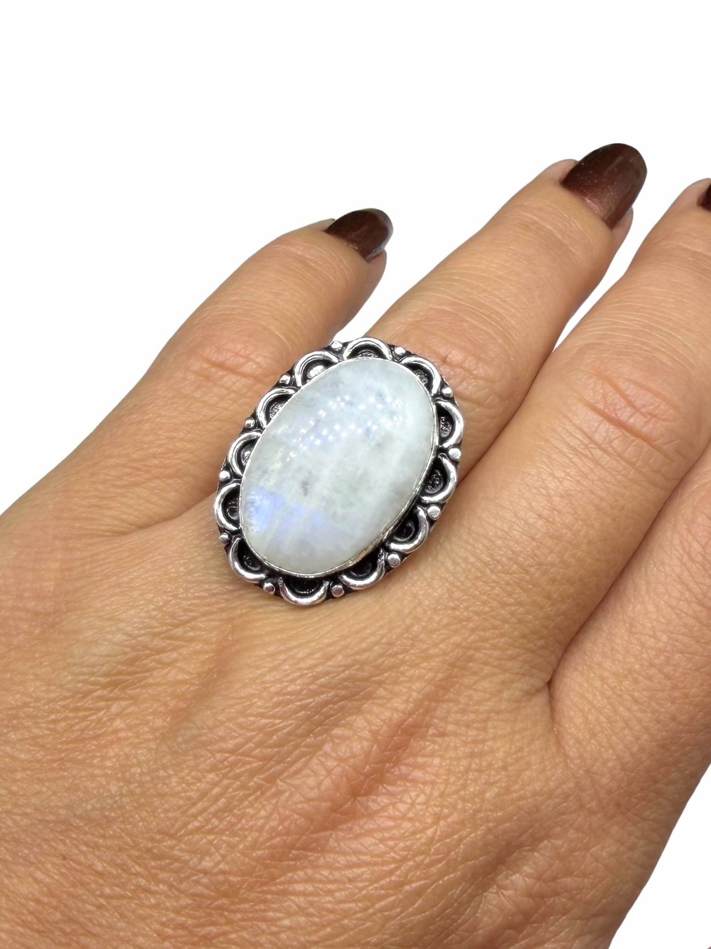 Rainbow Moonstone Ring Size 8.5 925 Sterling Silver Overlay